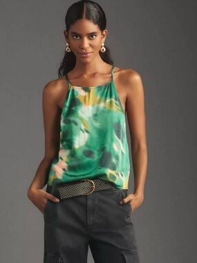 By Anthropologie - Green Abstract Print Satin Cami Top